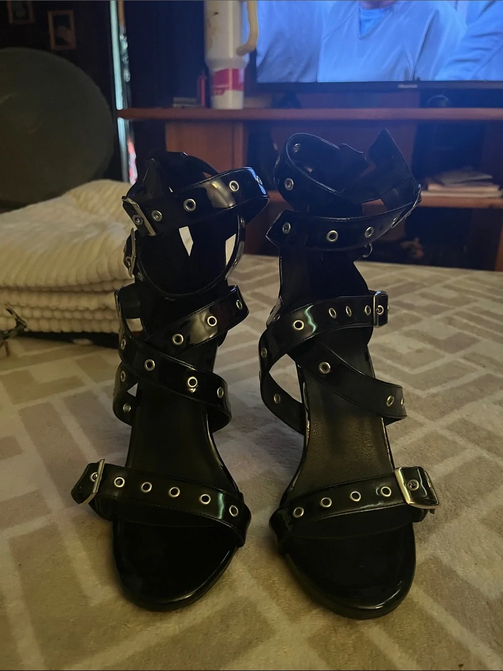 Black Strappy Buckle High-Heel Sandals